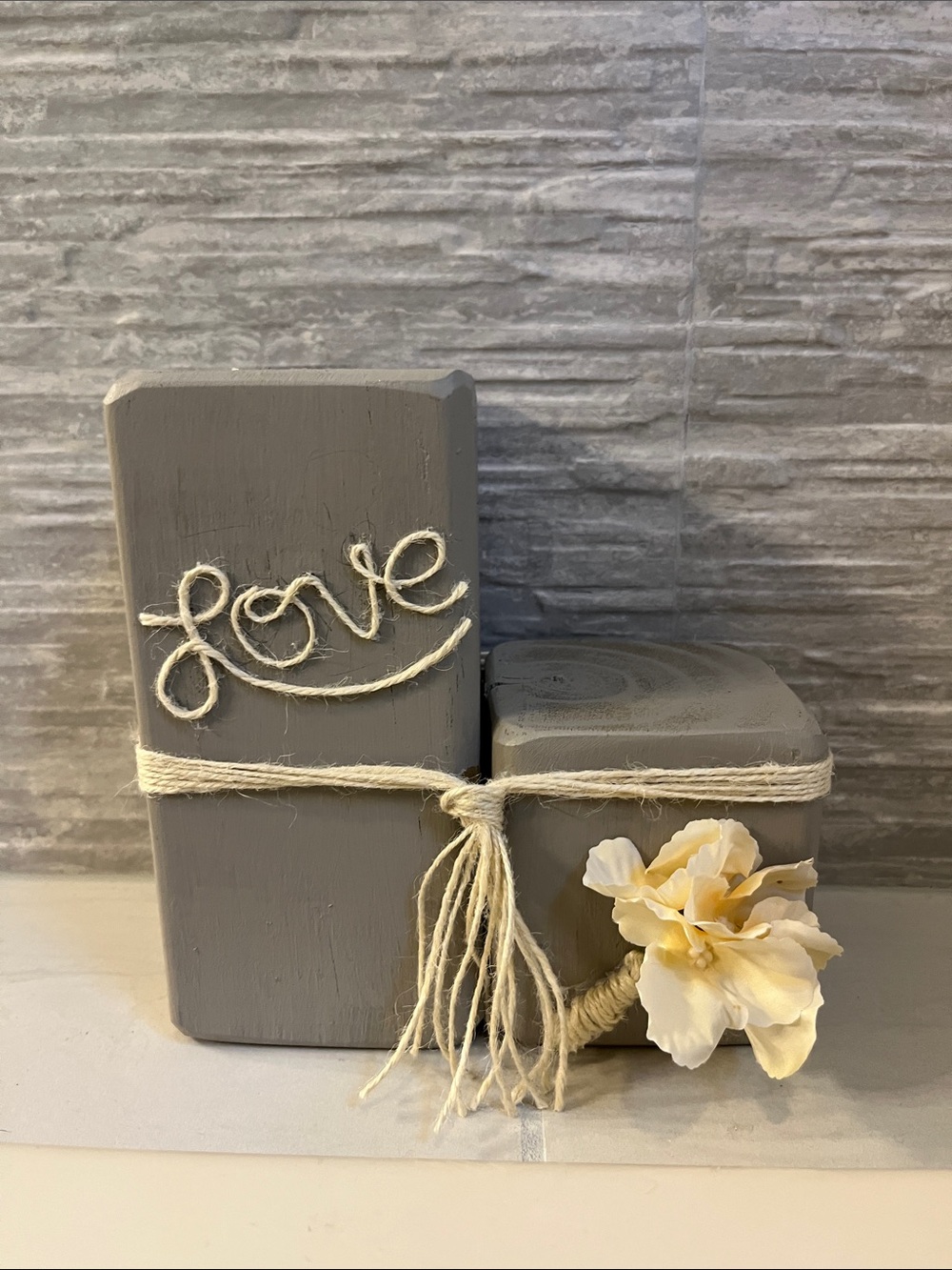 Gray Decorative Love Decor with Twine and Cream Flower
